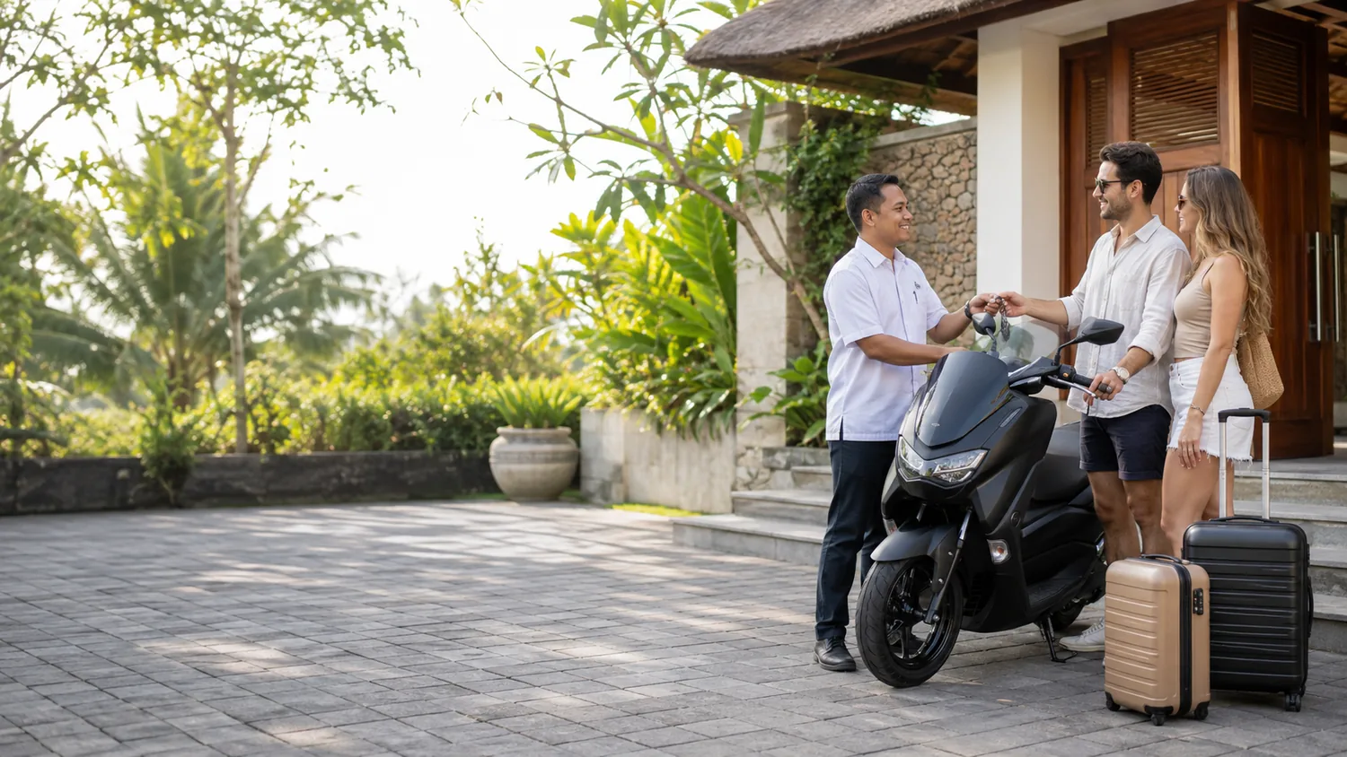 Paquete de llegada a Bali: traslado, scooter y equipaje — real Bali travel scenario