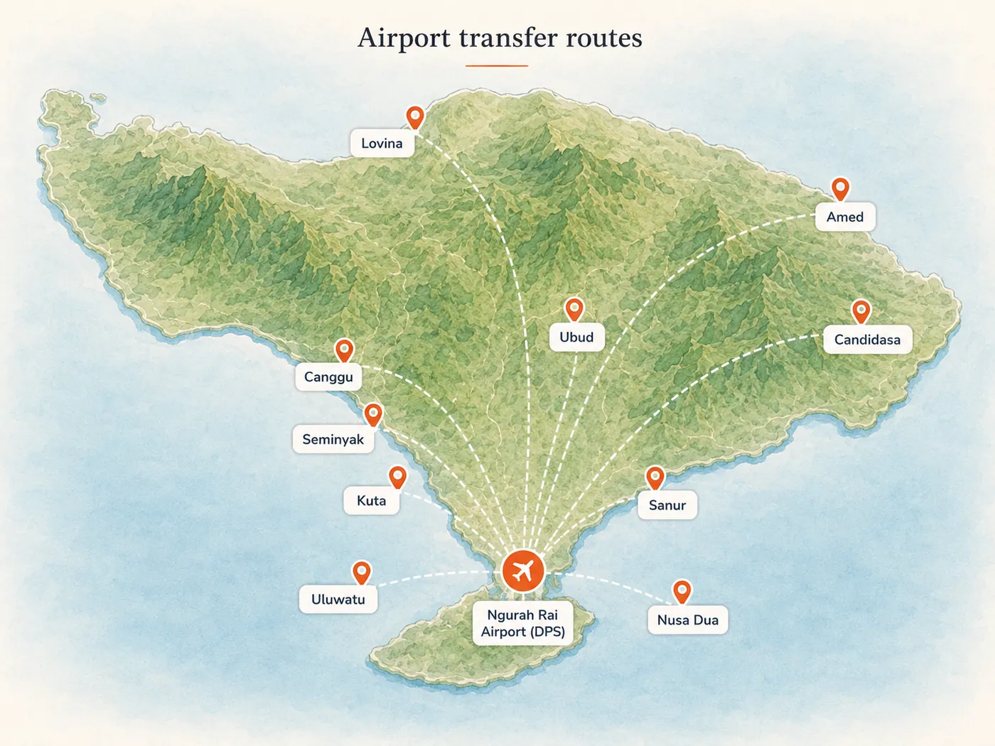 Paquete de llegada a Bali: traslado, scooter y equipaje · Traslados y etapas del viaje — Bali route and service area map
