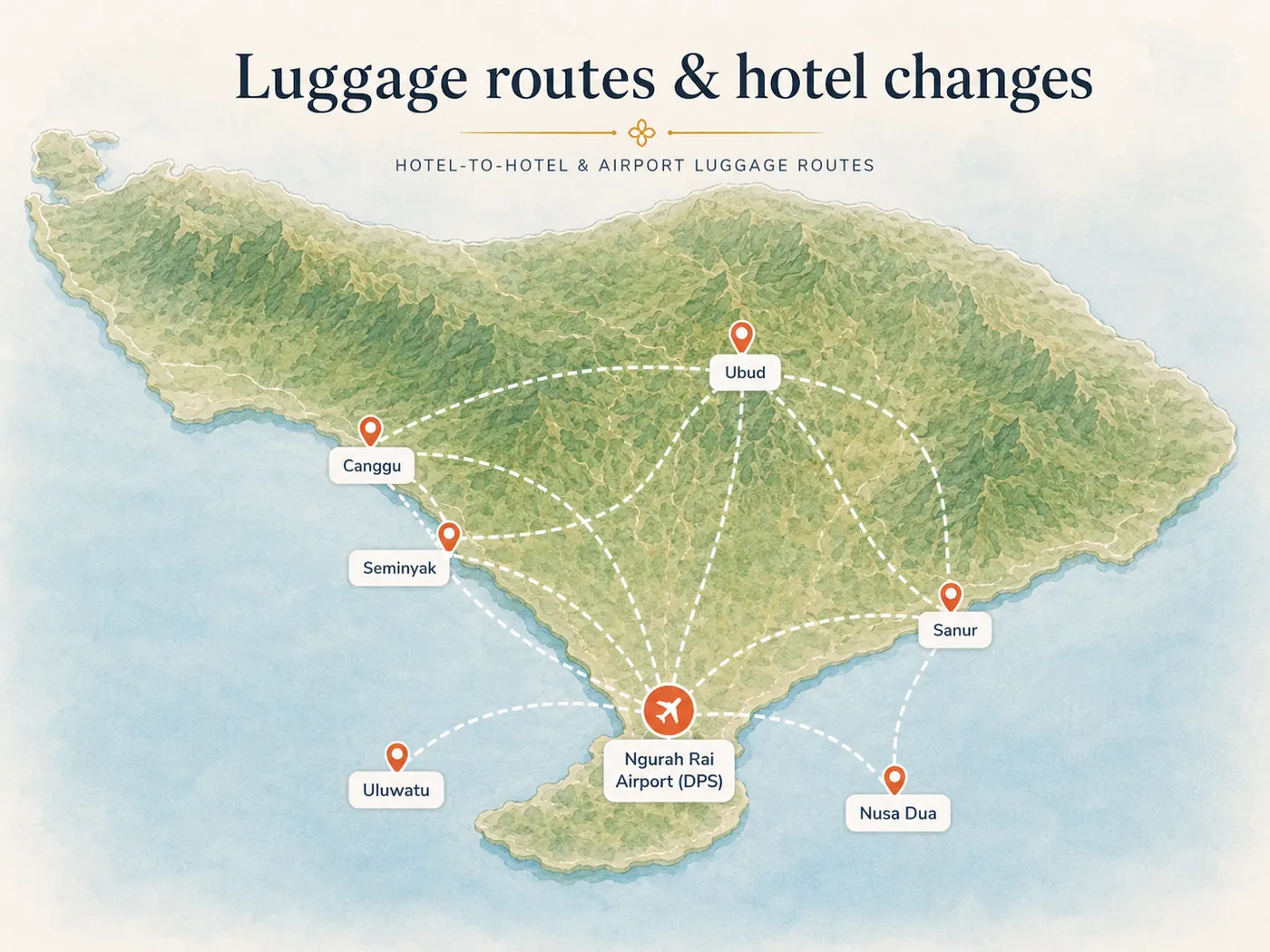 Bali-Abreisepaket · Transfers und Reiseetappen — Bali route and service area map