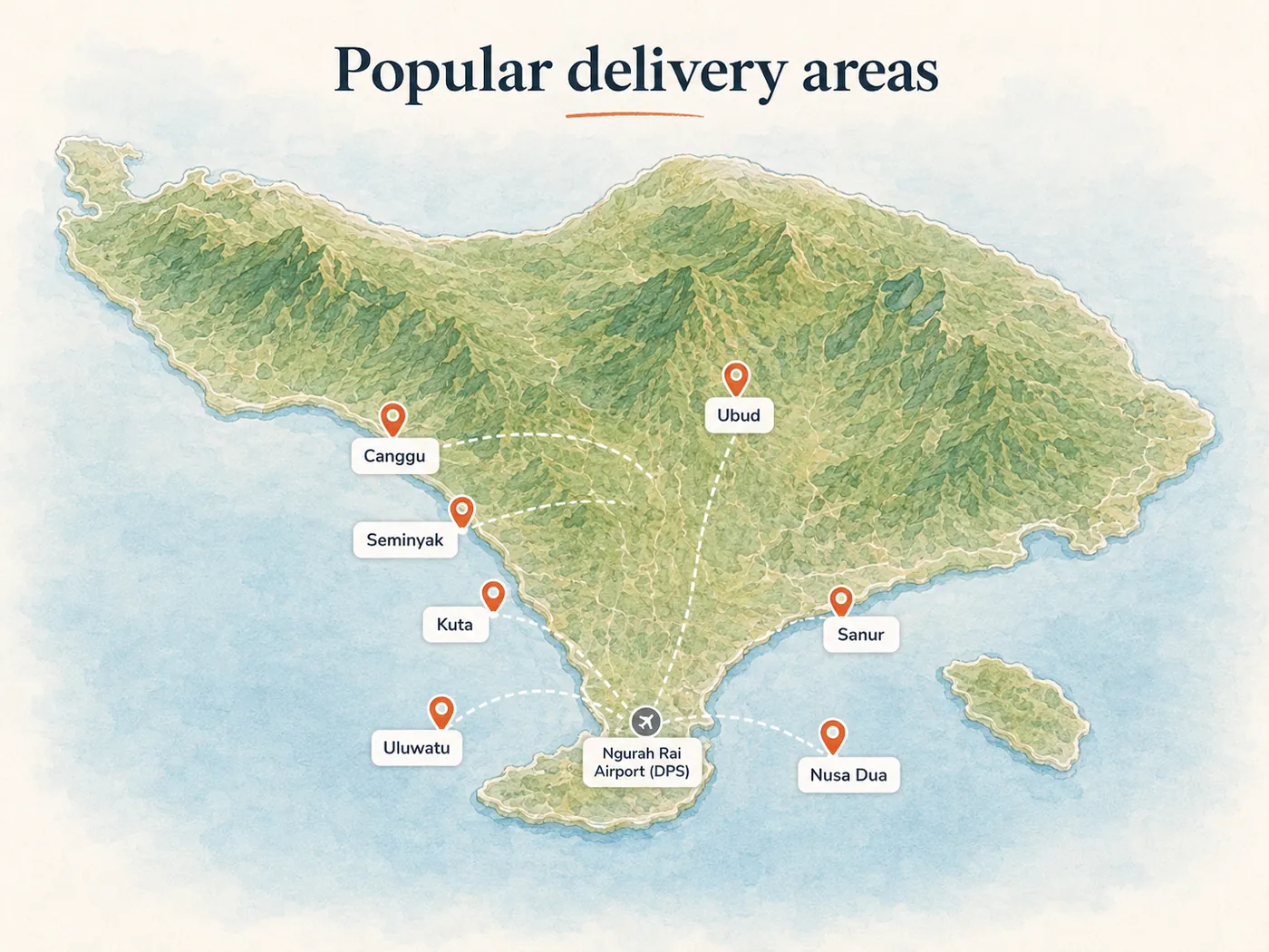 Zone di consegna popolari · Autista privato a Bali, coordinato intorno al tuo viaggio — Bali route and service area map