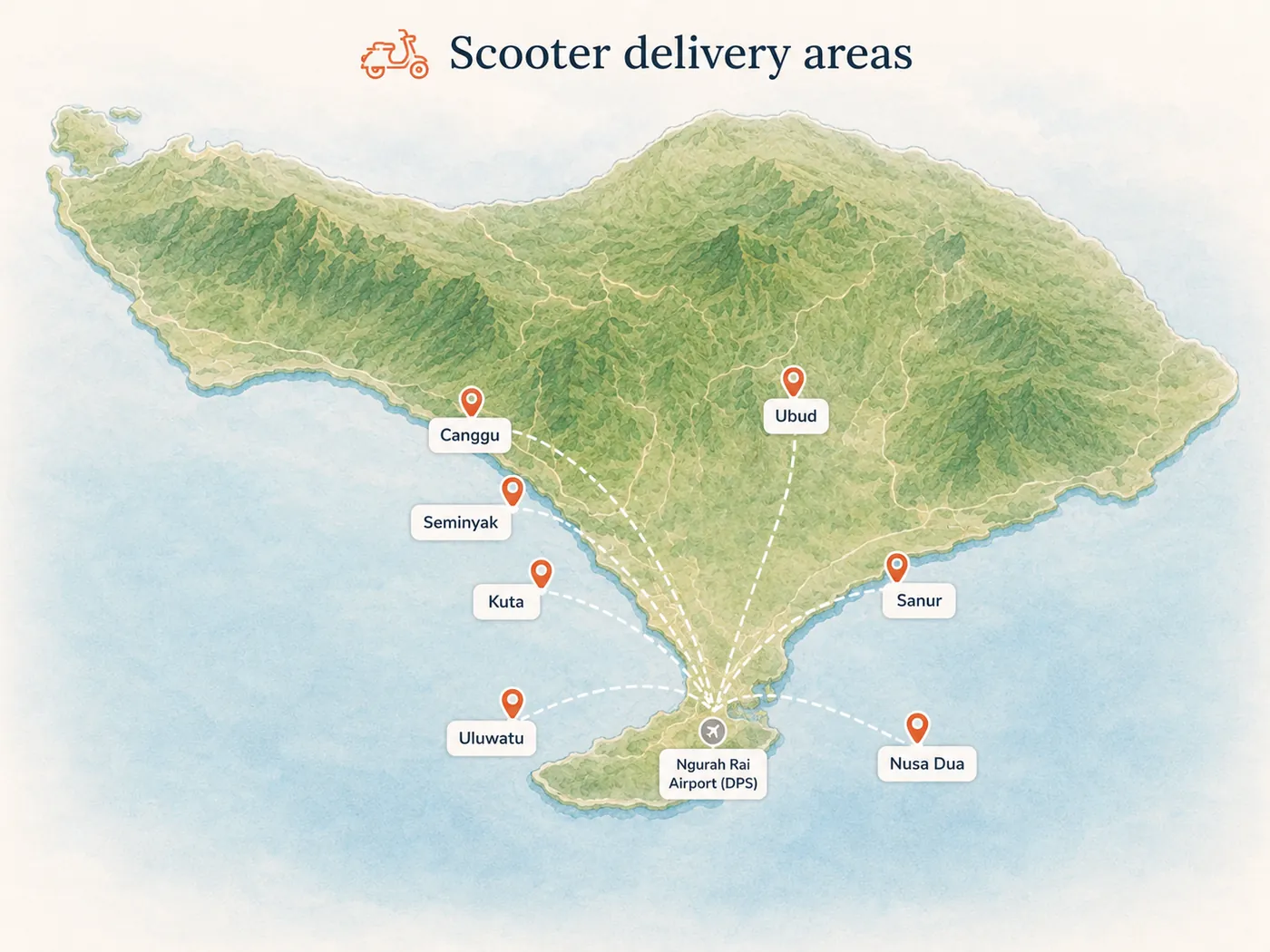 Honda PCX · Populære leveringsområder — Bali route and service area map